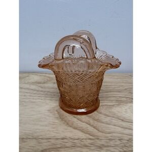 Vintage Pink Glass Basket w/Woven Design Two Handles Ruffled Edge 5" Easter #61